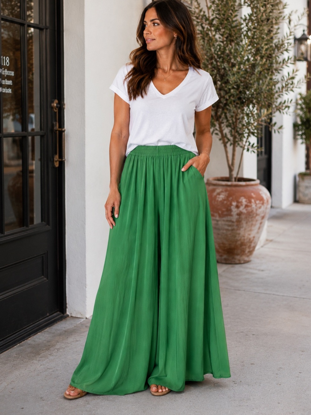 Elegant Green Wide Leg Pants